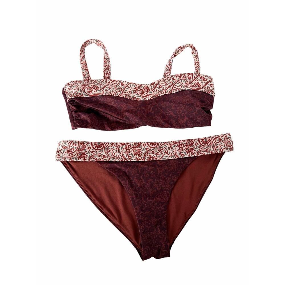 Women's Burgundy Two-Piece Swim Set with Printed Trim